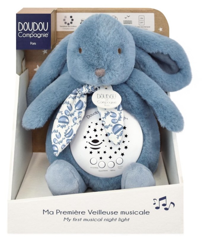 Doudou Et Compagnie Peluche veilleuse musicale lapin bleu doudou
