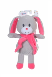 Peluche Lapin Nœud Gris écharpe Rose - 26 cm