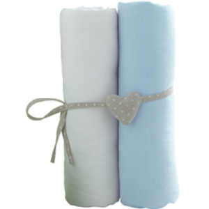 Lot de 2 Draps Housse Blanc et Bleu Ciel - 70x140 cm