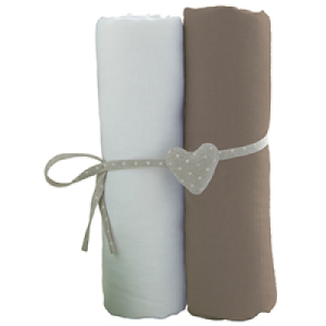 Lot de 2 Draps Housse Blanc et Taupe - 70x140 cm