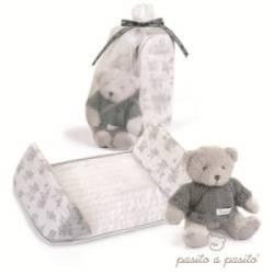 Cale Bébé Toile de Jouy Gris et Peluche Ours