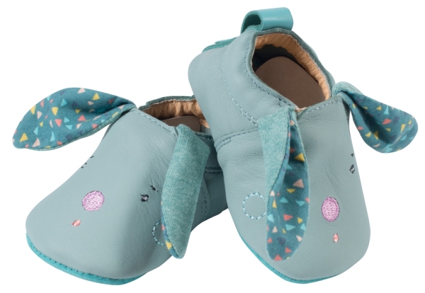 Moulin Roty Chaussons Cuir Lapin Bleu Les Jolis Trop Beaux - 0-6 mois