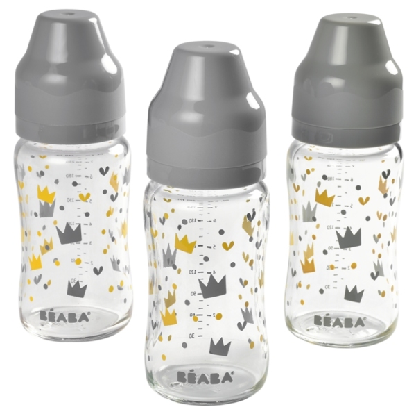 Beaba Set de 3 Biberons Verre Col Large 240 ml Yellow/Grey Crown