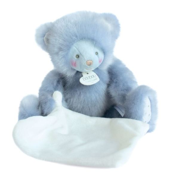 Doudou et Compagnie Peluche avec mouchoir Trop Mimi Bleu 22 cm