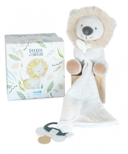 Doudou et Compagnie Peluche Lion avec Doudou attache sucette Unicef