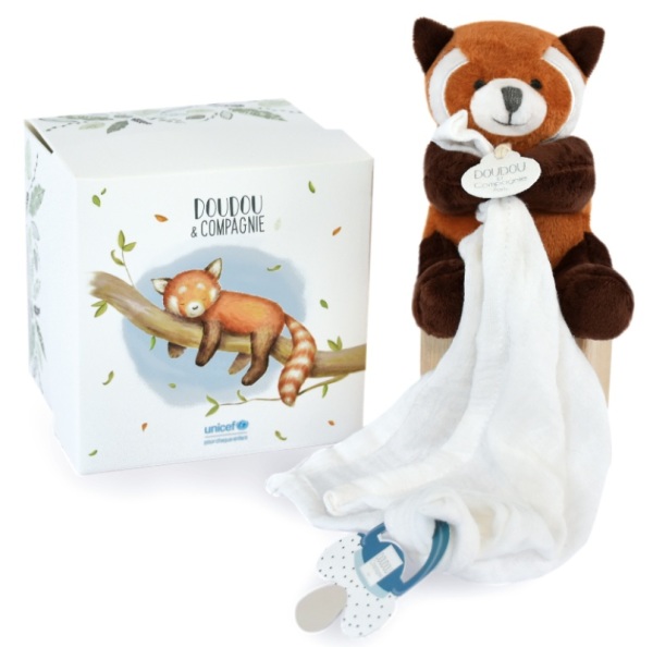 Doudou et Compagnie Peluche Panda Roux avec Doudou Attache Sucette Unicef