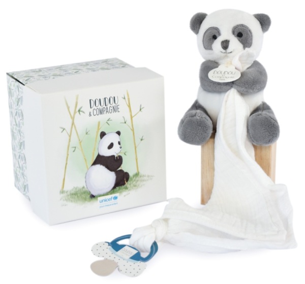 Doudou et Compagnie Peluche Panda avec Doudou Attache Sucette Unicef