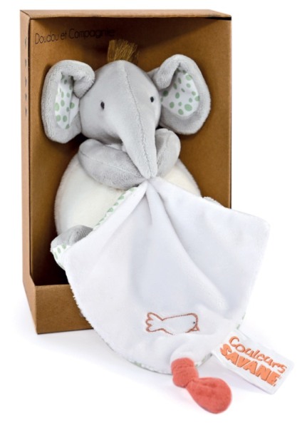 Doudou et Compagnie Peluche Pantin Eléphant avec Doudou Mouchoir Couleurs Savane