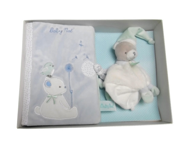 Babynat Coffret cadeau protège carnet de santé et doudou ours Bleu