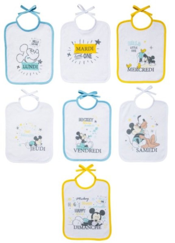 Lot de 7 Bavoirs Journalier Mickey Little One de chez Babycalin, collection Mickey Mouse