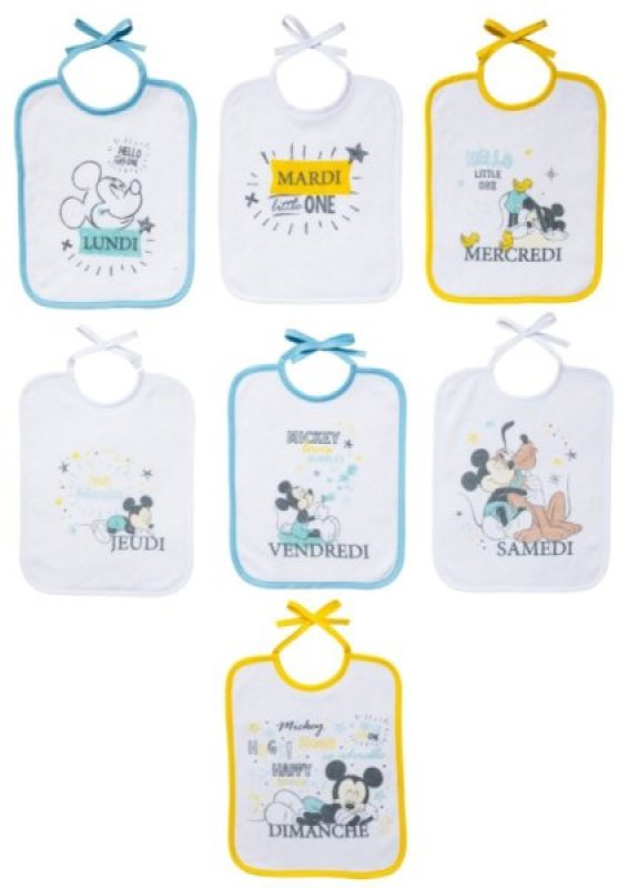 Lot de 7 Bavoirs Journalier Mickey Little One Babycalin Lot de 7 Bavoirs Journalier Mickey Little One de chez Babycalin, collection Mickey Mouse