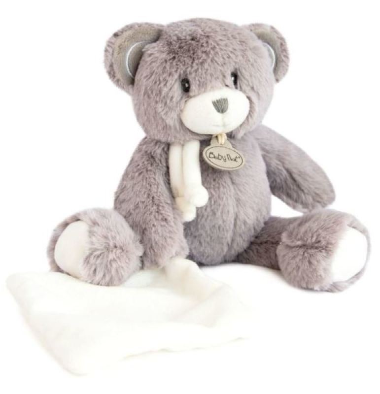 Peluche Ours avec mouchoir Pap'Ours Gris Babynat Peluche Ours avec mouchoir Pap'Ours Gris de chez Babynat, collection Les Poupis et les PapOurs