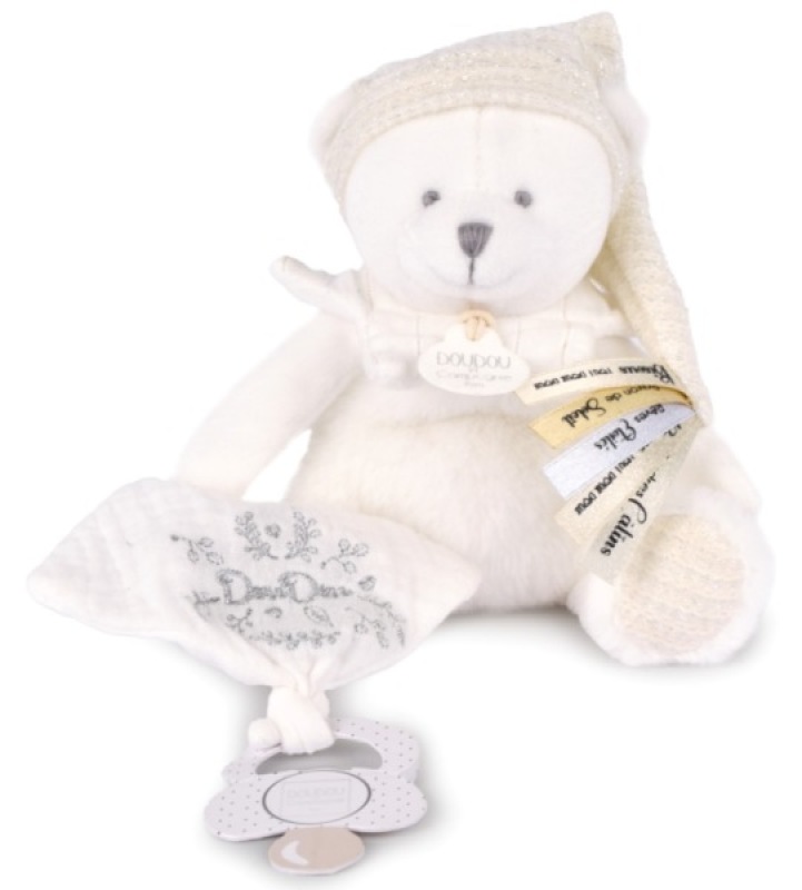 Peluche Pantin Ours Attache Sucette Blanc Anniversaire 25 ans Doudou et Compagnie Peluche Pantin Ours Attache Sucette Blanc Anniversaire 25 ans de chez Doudou et Compagnie, collection Doudou Anniversaire 25 ans