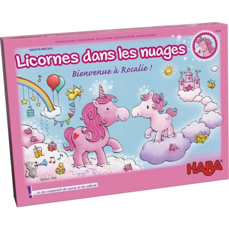Jeu de société Licornes dans les nuages - Bienvenue à Rosalie Haba Jeu de société Licornes dans les nuages - Bienvenue à Rosalie de chez Haba, collection Jeux de Société