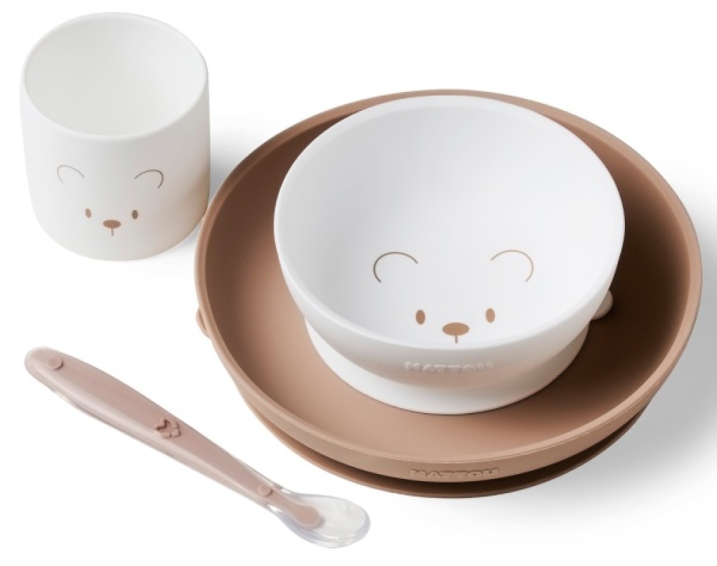 Coffret Repas 4 Pièces Silicone Blanc et Taupe Nattou Coffret Repas 4 Pièces Silicone Blanc et Taupe de chez Nattou, collection Silicone