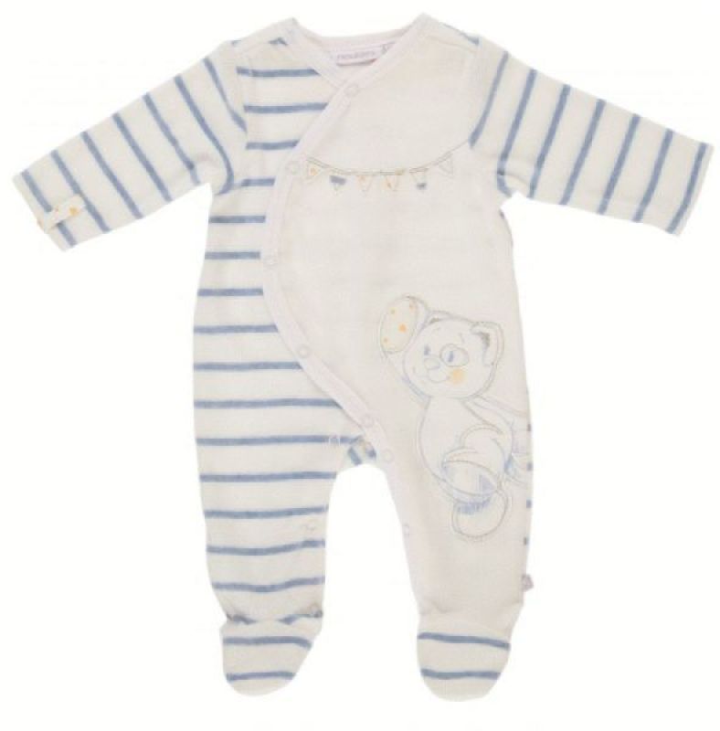Pyjama Chat Iris Velours Blanc Rayé Bleu - 1 mois Noukies Pyjama Chat Iris Velours Blanc Rayé Bleu - 1 mois de chez Noukies, collection Pyjamas Fille