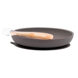 Coffret Repas Assiette et Cuillère Silicone Aubergine