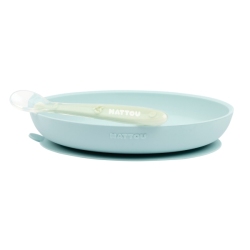Coffret Repas Assiette et Cuillère Silicone Bleu Vert