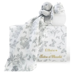 Coffret Biberon et Doudou Toile de Jouy Gris Elhée et Tartine et Chocolat